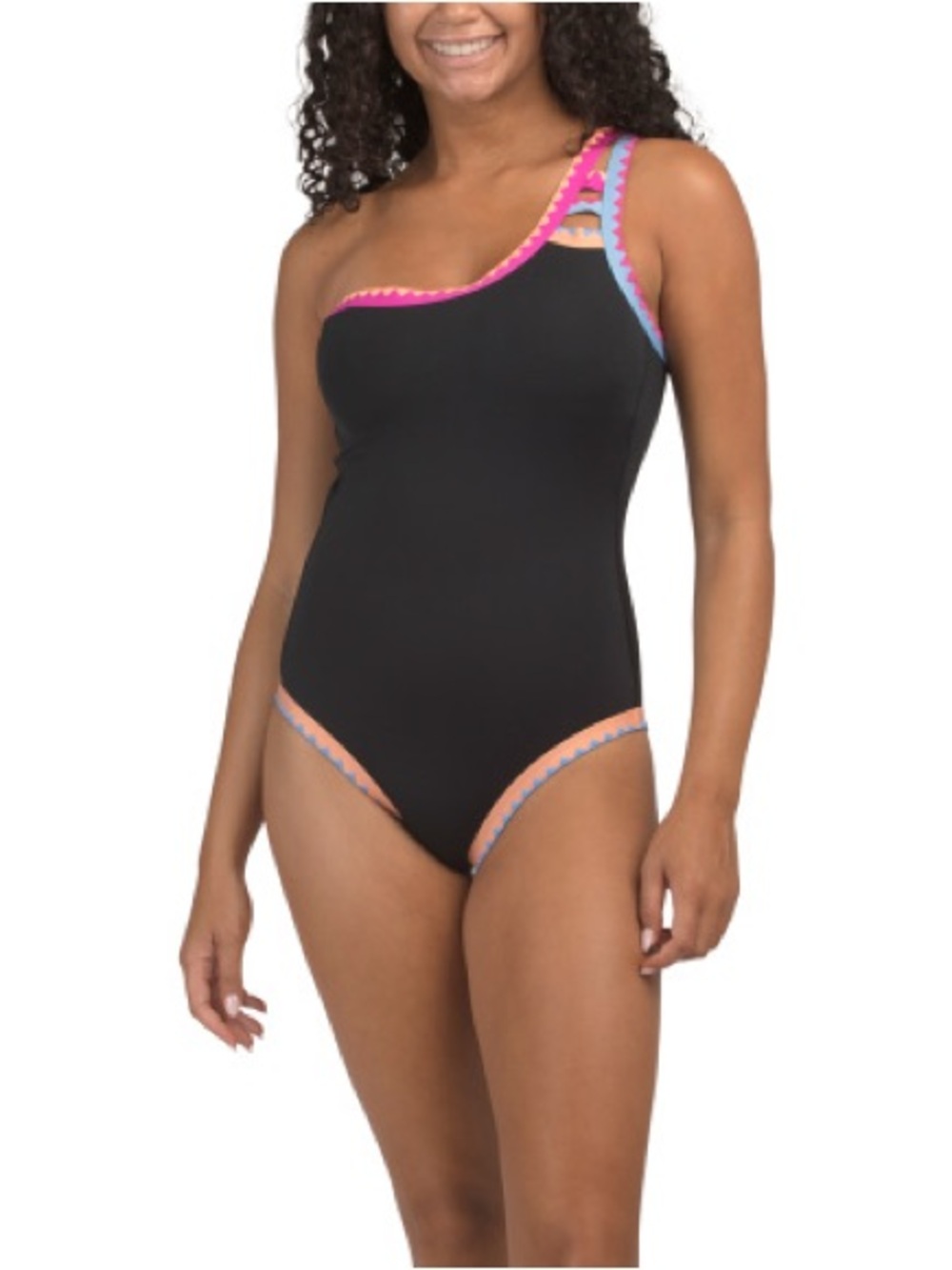 Lucky Brand Black One-Piece Swimsuit with Pink, Peach & Light Blue Trim